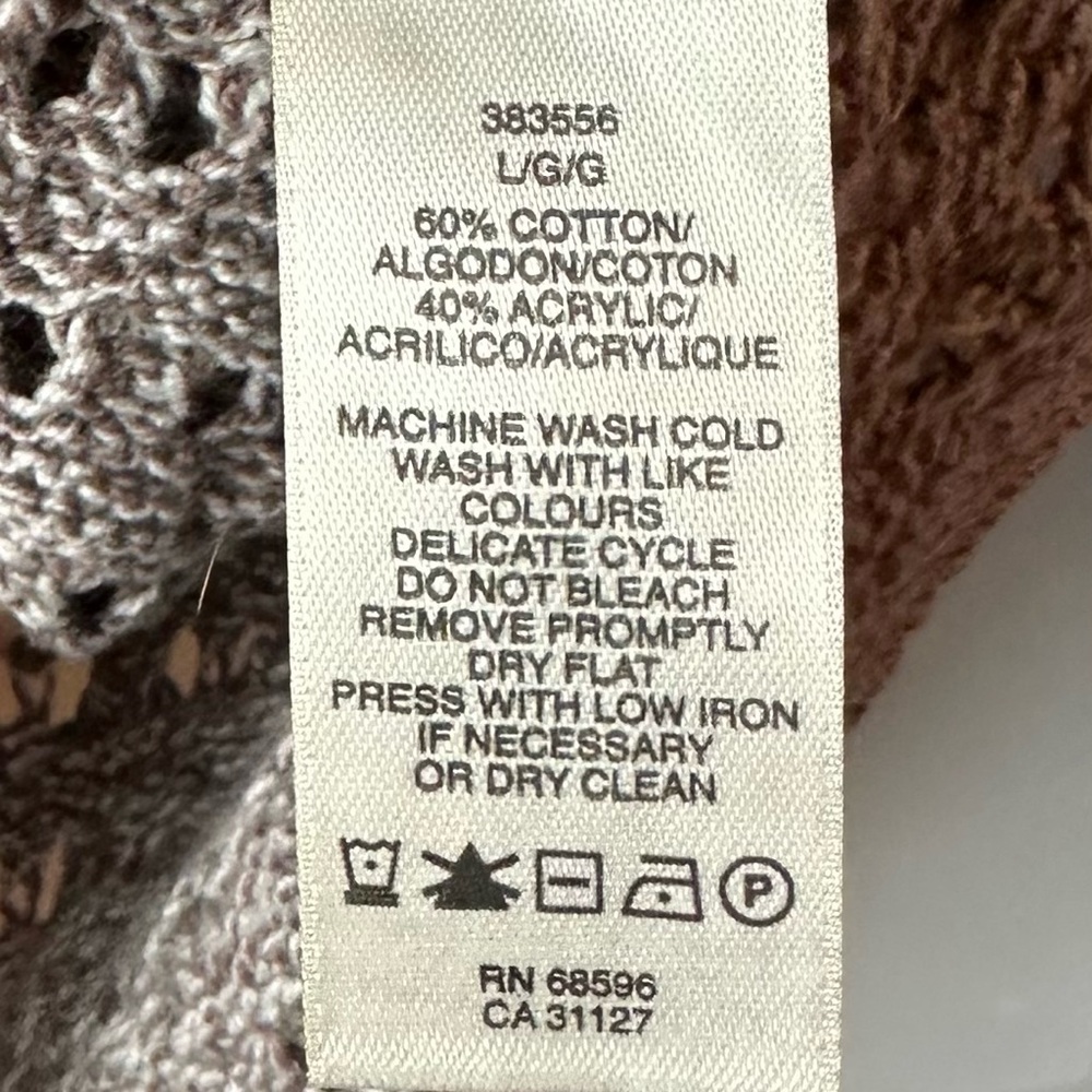 🤎 DKNY Jeans Crochet Knit Cardigan Sweater Taupe Brown Size L - Picture 3 of 4